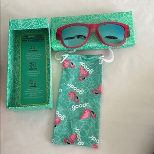 Goodr "Flamingos on a Booze Cruise" sunglasses pink frames teal mirrored lenses